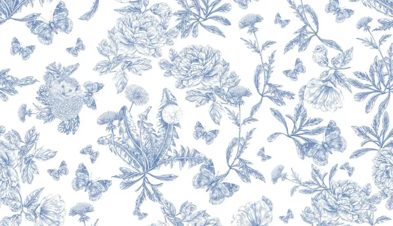 Papier peint motif toile de jouy bleu